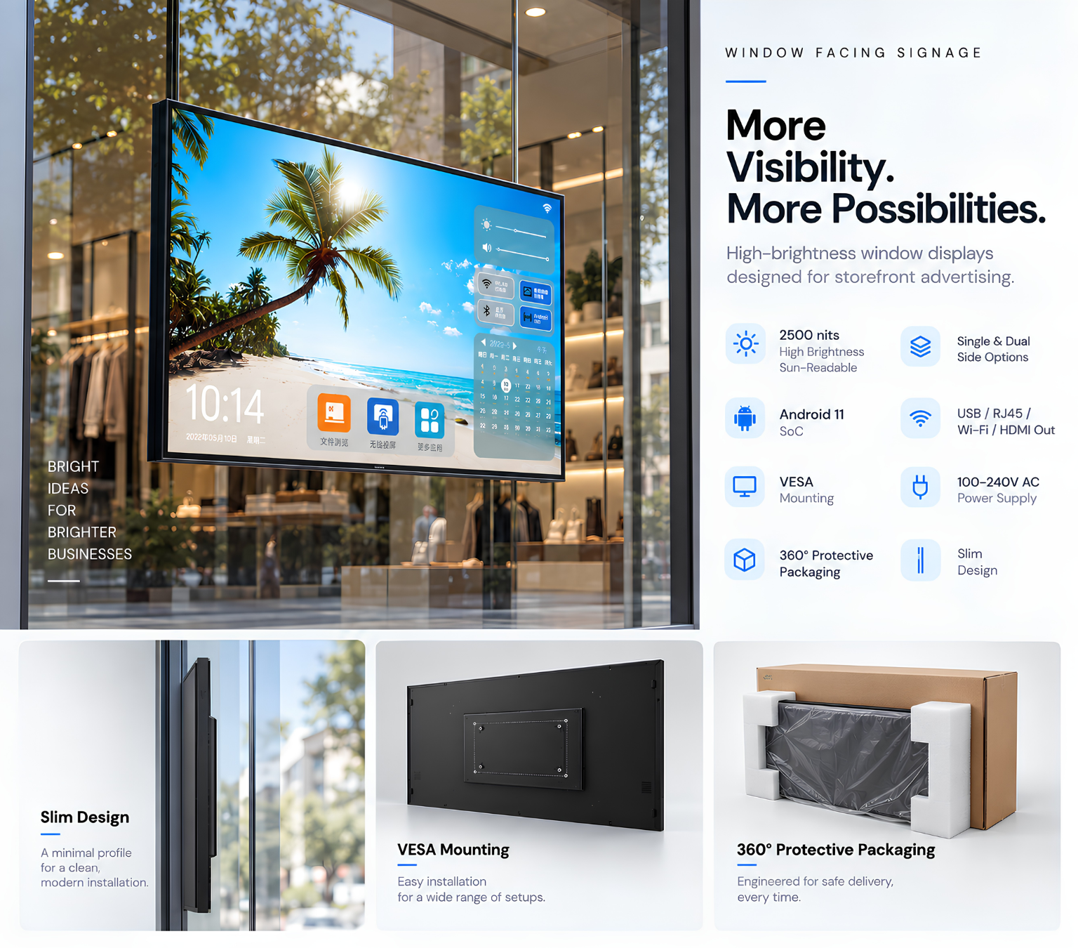 Window facing signage features, mounting and protective packaging