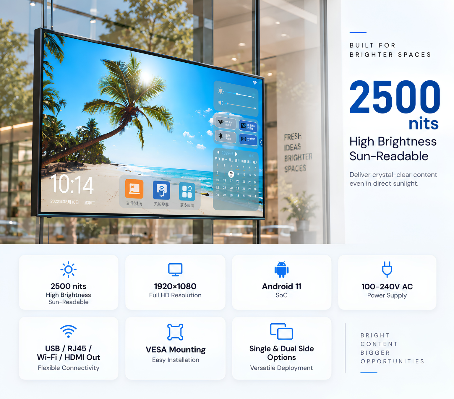 Window facing signage with 2,500 nit brightness and connectivity features