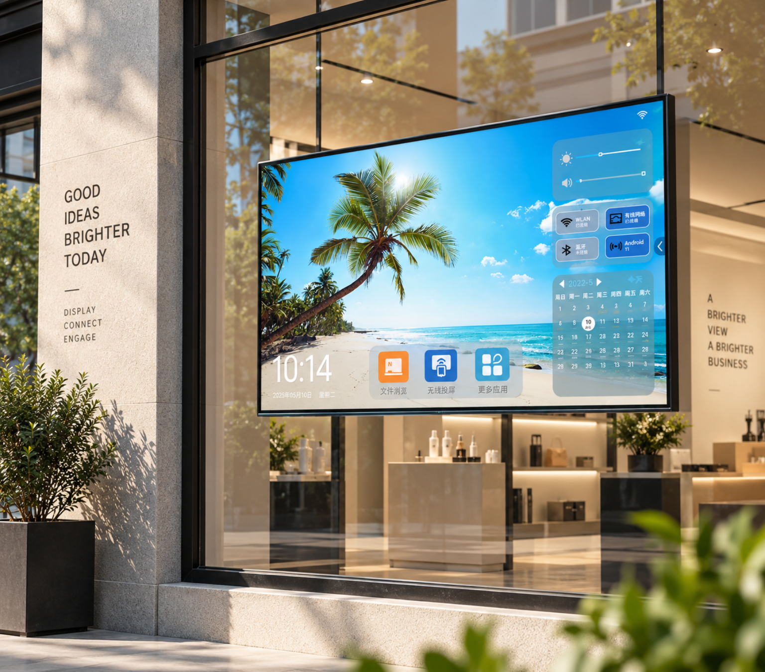 Window facing signage installed in a bright retail storefront
