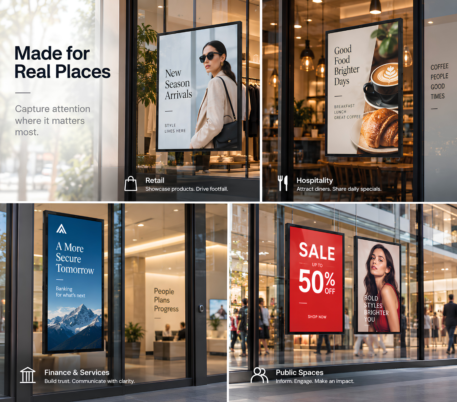 Window facing signage applications for retail, hospitality, finance and public spaces