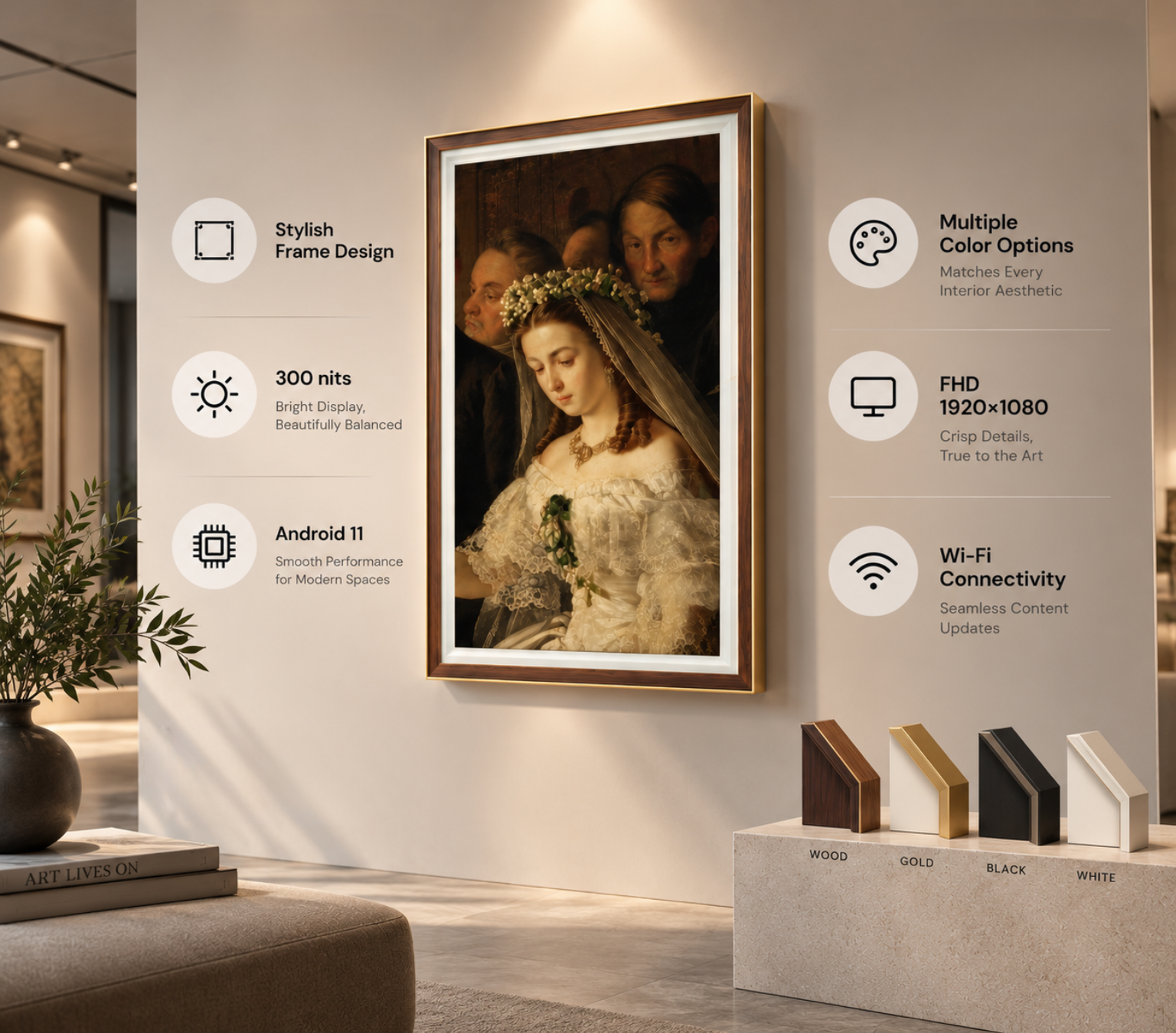 Art signage features and frame colour options