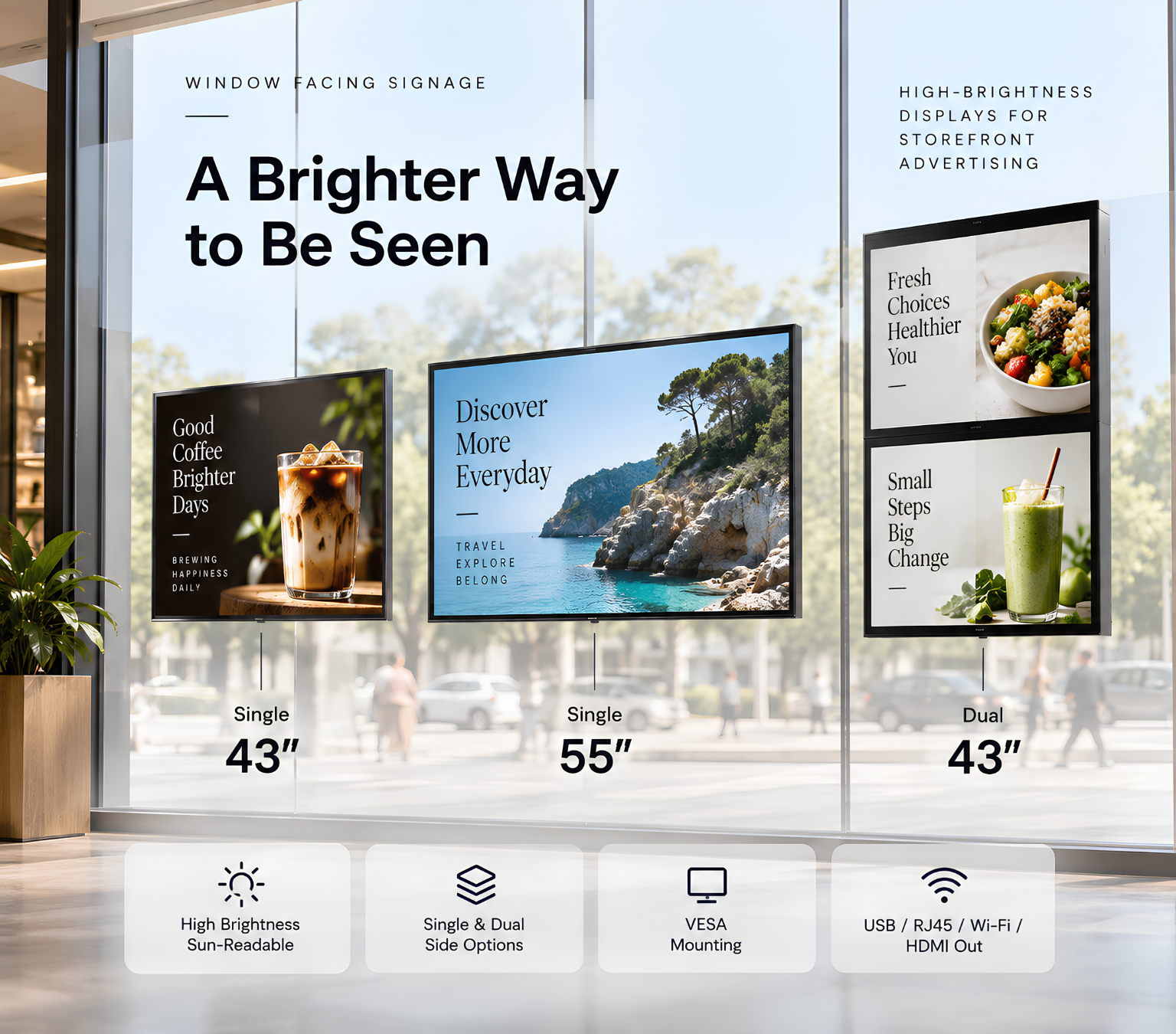 Single and dual-sided window facing signage size options